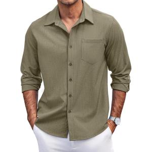 imageCOOFANDY Mens Casual Button Down Shirts Long Sleeve Untucked Shirts Regular Fit Linen ShirtArmy Green