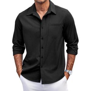 imageCOOFANDY Mens Casual Button Down Shirts Long Sleeve Untucked Shirts Regular Fit Linen ShirtBlack