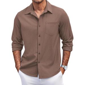 imageCOOFANDY Mens Casual Button Down Shirts Long Sleeve Untucked Shirts Regular Fit Linen ShirtBrown