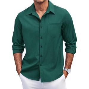 imageCOOFANDY Mens Casual Button Down Shirts Long Sleeve Untucked Shirts Regular Fit Linen ShirtDark Green