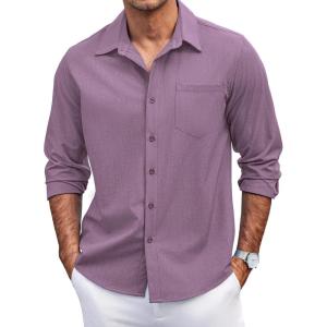 imageCOOFANDY Mens Casual Button Down Shirts Long Sleeve Untucked Shirts Regular Fit Linen ShirtPurple