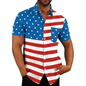 imageCOOFANDY Mens Casual Button Down Shirts Short Sleeve Linen Shirts Summer Beach Dress ShirtFlag Print