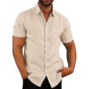 imageCOOFANDY Mens Casual Button Down Shirts Short Sleeve Linen Shirts Summer Beach Dress ShirtLinen  Khaki