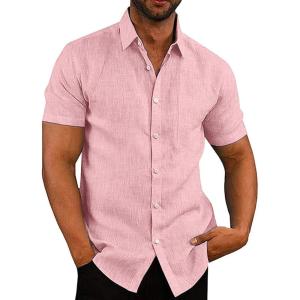 imageCOOFANDY Mens Casual Button Down Shirts Short Sleeve Linen Shirts Summer Beach Dress ShirtLinen  Pink