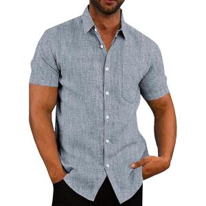 imageCOOFANDY Mens Casual Button Down Shirts Short Sleeve Linen Shirts Summer Beach Dress ShirtNavy