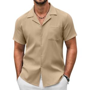 imageCOOFANDY Mens Casual Button Down Shirts Short Sleeve Summer Beach Shirt Fashion Textured Shirts with PocketKhaki