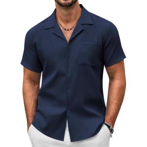 imageCOOFANDY Mens Casual Button Down Shirts Short Sleeve Summer Beach Shirt Fashion Textured Shirts with PocketNavy