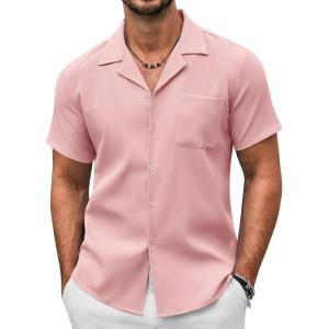 imageCOOFANDY Mens Casual Button Down Shirts Short Sleeve Summer Beach Shirt Fashion Textured Shirts with PocketPink