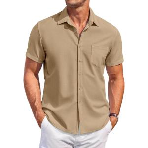 imageCOOFANDY Mens Casual Button Down Shirts Short Sleeve Summer Beach Vacation Untucked Dress Shirts with PocketLight Tan