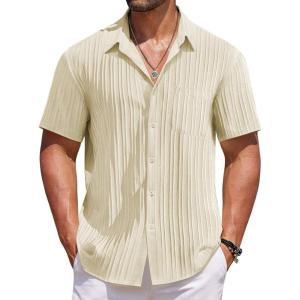 imageCOOFANDY Mens Casual Button Down Shirts Short Sleeve Textured Shirt Summer Beach Shirts for MenBeige