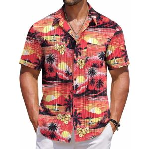 imageCOOFANDY Mens Casual Button Down Shirts Short Sleeve Textured Shirt Summer Beach Shirts for MenSunset  Coconut Tree