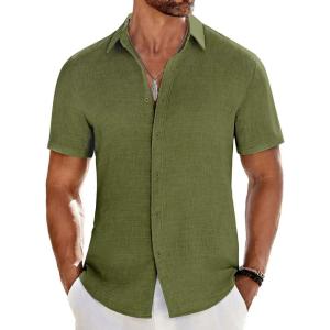 imageCOOFANDY Mens Casual Button Down Shirts Short Sleeve Textured Summer Beach ShirtArmy Green