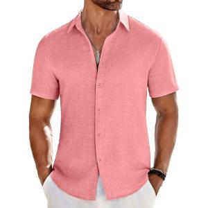 imageCOOFANDY Mens Casual Button Down Shirts Short Sleeve Textured Summer Beach ShirtChampagne Pink