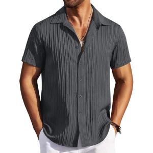 imageCOOFANDY Mens Casual Button Down Shirts Short Sleeve Textured Summer Beach ShirtsDark Gray