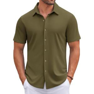 imageCOOFANDY Mens Casual Button Down Shirts Short Sleeve Wrinkle Free Shirt Untucked Summer Stretch Dress ShirtArmy Green