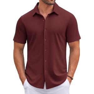imageCOOFANDY Mens Casual Button Down Shirts Short Sleeve Wrinkle Free Shirt Untucked Summer Stretch Dress ShirtDarck Red