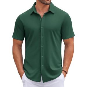 imageCOOFANDY Mens Casual Button Down Shirts Short Sleeve Wrinkle Free Shirt Untucked Summer Stretch Dress ShirtEvergreen