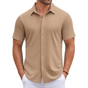 imageCOOFANDY Mens Casual Button Down Shirts Short Sleeve Wrinkle Free Shirt Untucked Summer Stretch Dress ShirtKhaki