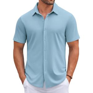 imageCOOFANDY Mens Casual Button Down Shirts Short Sleeve Wrinkle Free Shirt Untucked Summer Stretch Dress ShirtLight Blue