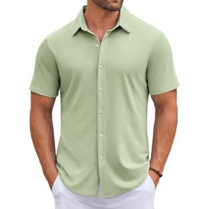 imageCOOFANDY Mens Casual Button Down Shirts Short Sleeve Wrinkle Free Shirt Untucked Summer Stretch Dress ShirtLight Green