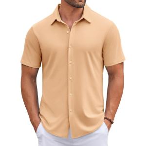 imageCOOFANDY Mens Casual Button Down Shirts Short Sleeve Wrinkle Free Shirt Untucked Summer Stretch Dress ShirtLight Tan