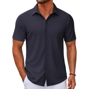 imageCOOFANDY Mens Casual Button Down Short Sleeve Shirts Untucked Wrinkle Free Shirt Stretch Dress ShirtsDark Blue
