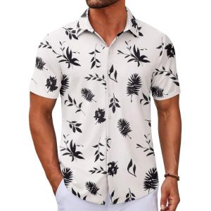 imageCOOFANDY Mens Casual Button Down Short Sleeve Shirts Untucked Wrinkle Free Shirt Stretch Dress ShirtsWhite  Leaf