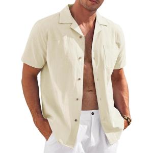 imageCOOFANDY Mens Casual Cotton Linen Shirt Short Sleeve Button Up Shirts Summer Beach TopBeige