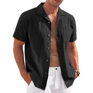 imageCOOFANDY Mens Casual Cotton Linen Shirt Short Sleeve Button Up Shirts Summer Beach TopBlack