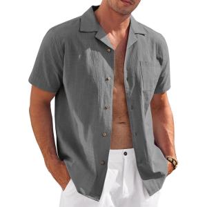 imageCOOFANDY Mens Casual Cotton Linen Shirt Short Sleeve Button Up Shirts Summer Beach TopDark Gray