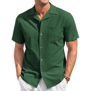 imageCOOFANDY Mens Casual Cotton Linen Shirt Short Sleeve Button Up Shirts Summer Beach TopGreen