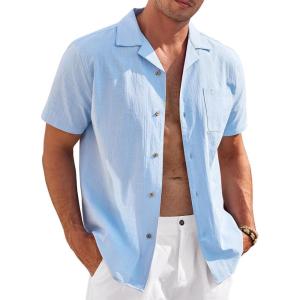 imageCOOFANDY Mens Casual Cotton Linen Shirt Short Sleeve Button Up Shirts Summer Beach TopLight Blue