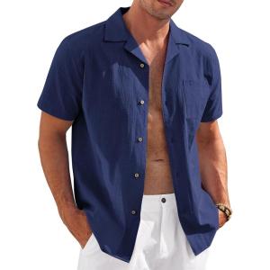 imageCOOFANDY Mens Casual Cotton Linen Shirt Short Sleeve Button Up Shirts Summer Beach TopNavy Blue