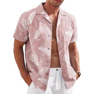 imageCOOFANDY Mens Casual Cotton Linen Shirt Short Sleeve Button Up Shirts Summer Beach TopPink  Plam Leaf
