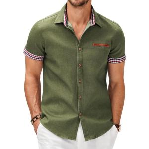 imageCOOFANDY Mens Casual Cotton Short Sleeve Button Down Dress Shirt Plaid Collar Denim Work ShirtsA  Army Green  No Pocket