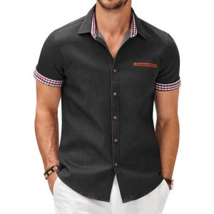 imageCOOFANDY Mens Casual Cotton Short Sleeve Button Down Dress Shirt Plaid Collar Denim Work ShirtsA  Black  No Pocket