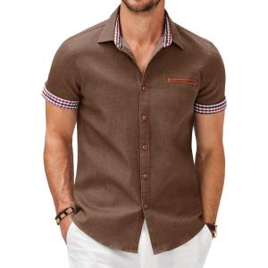 imageCOOFANDY Mens Casual Cotton Short Sleeve Button Down Dress Shirt Plaid Collar Denim Work ShirtsA  Brown  No Pocket