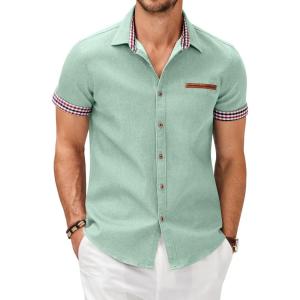 imageCOOFANDY Mens Casual Cotton Short Sleeve Button Down Dress Shirt Plaid Collar Denim Work ShirtsA  Chambray  No Pocket