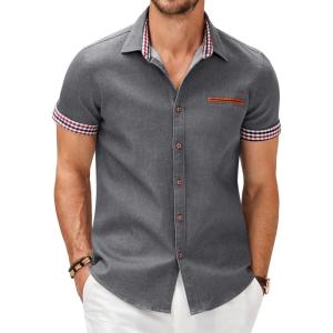 imageCOOFANDY Mens Casual Cotton Short Sleeve Button Down Dress Shirt Plaid Collar Denim Work ShirtsA  Charcoal Grey  No Pocket