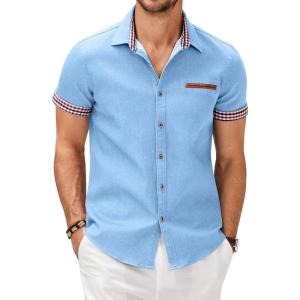 imageCOOFANDY Mens Casual Cotton Short Sleeve Button Down Dress Shirt Plaid Collar Denim Work ShirtsA  Clear Blue  No Pocket