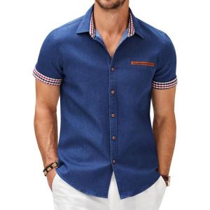 imageCOOFANDY Mens Casual Cotton Short Sleeve Button Down Dress Shirt Plaid Collar Denim Work ShirtsA  Dark Blue  No Pocket