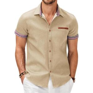 imageCOOFANDY Mens Casual Cotton Short Sleeve Button Down Dress Shirt Plaid Collar Denim Work ShirtsA  Khaki No Pocket