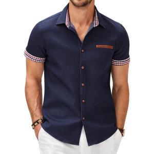 imageCOOFANDY Mens Casual Cotton Short Sleeve Button Down Dress Shirt Plaid Collar Denim Work ShirtsA  Navy Blue  No Pocket