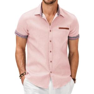imageCOOFANDY Mens Casual Cotton Short Sleeve Button Down Dress Shirt Plaid Collar Denim Work ShirtsA  Pink  No Pocket