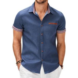imageCOOFANDY Mens Casual Cotton Short Sleeve Button Down Dress Shirt Plaid Collar Denim Work ShirtsA  Sky Blue  No Pocket