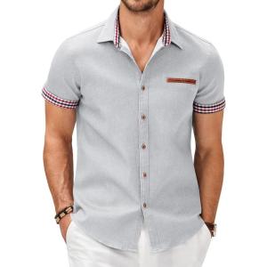 imageCOOFANDY Mens Casual Cotton Short Sleeve Button Down Dress Shirt Plaid Collar Denim Work ShirtsA  White  No Pocket