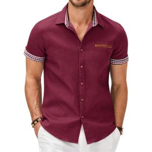 imageCOOFANDY Mens Casual Cotton Short Sleeve Button Down Dress Shirt Plaid Collar Denim Work ShirtsA  Wine Red  No Pocket