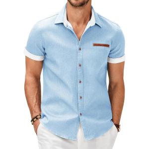 imageCOOFANDY Mens Casual Cotton Short Sleeve Button Down Dress Shirt Plaid Collar Denim Work ShirtsB  Clear Blue  No Pocket