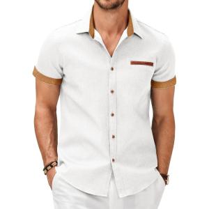 imageCOOFANDY Mens Casual Cotton Short Sleeve Button Down Dress Shirt Plaid Collar Denim Work ShirtsB White  No Pocket