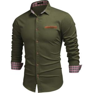 imageCOOFANDY Mens Casual Dress Shirt Button Down Shirts LongSleeve Plaid Collar Denim Work ShirtType 01  Army Green
